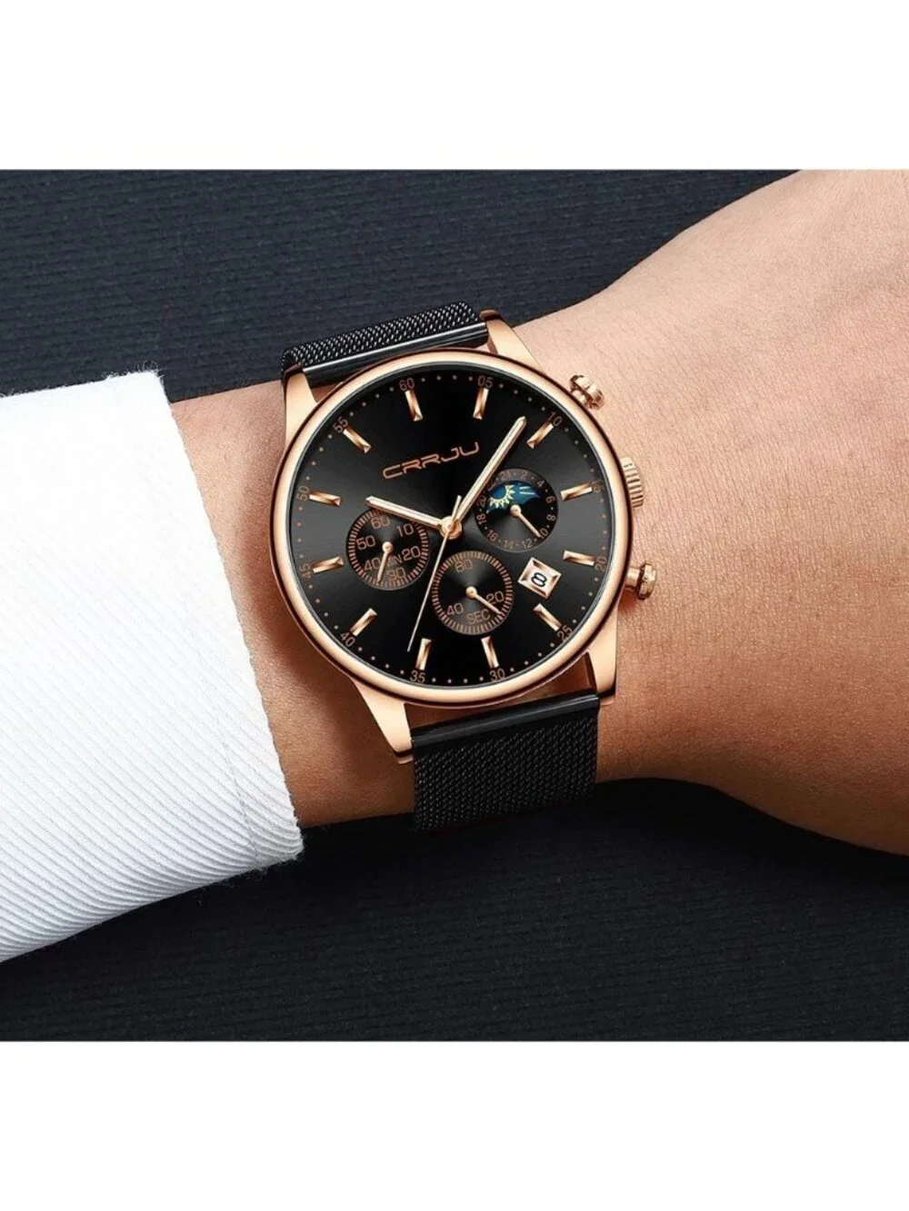 Men's Black And Rose Gold Chronograph Waterproof Steel Quartz Mesh Strap Watch